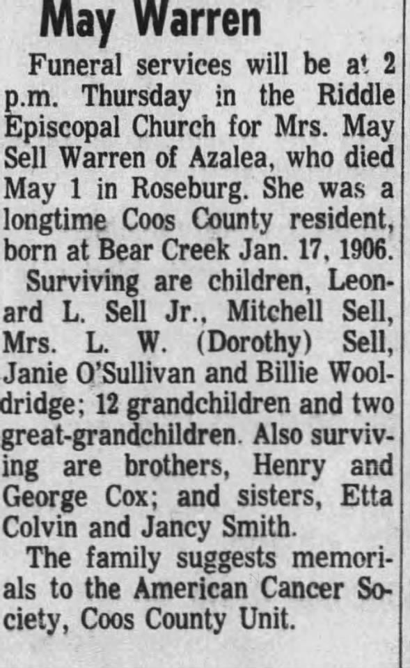 Obituary for May Sell Warren
